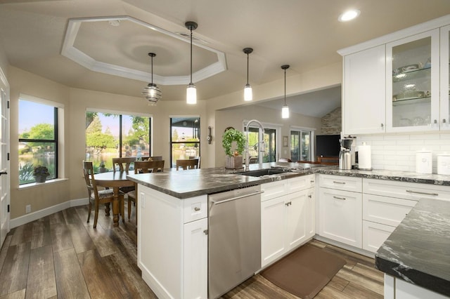 525 E Shelldrake Cir, Fresno, CA 93730 - kitchen with stainless steel dishwasher, a sink, a peninsula, dark wood finished floors, and a tray ceiling