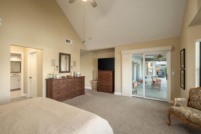 525 E Shelldrake Cir, Fresno, CA 93730 - bedroom featuring access to exterior, light carpet, high vaulted ceiling, baseboards, and ceiling fan