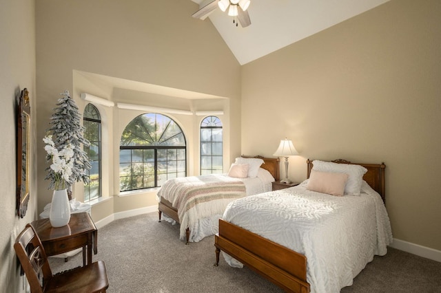 525 E Shelldrake Cir, Fresno, CA 93730 - bedroom featuring high vaulted ceiling, carpet floors, baseboards, and a ceiling fan