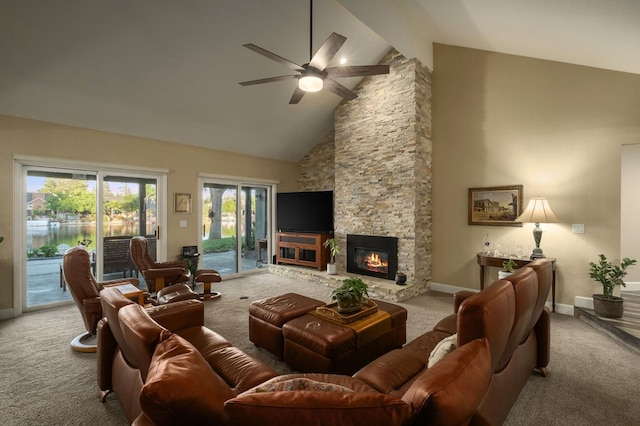 525 E Shelldrake Cir, Fresno, CA 93730 - carpeted living room with high vaulted ceiling, a ceiling fan, a fireplace, baseboards, and beam ceiling