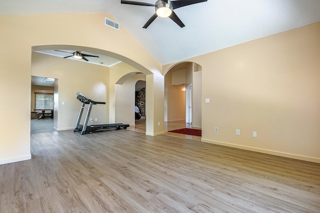 37086 Marciel Ave, Madera, CA 93636 - spare room featuring ceiling fan, high vaulted ceiling, wood finished floors, and baseboards