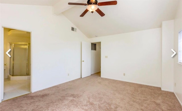 9536 N Sharon Ave, Fresno, CA 93720 - unfurnished bedroom with carpet, beamed ceiling, connected bathroom, high vaulted ceiling, and baseboards