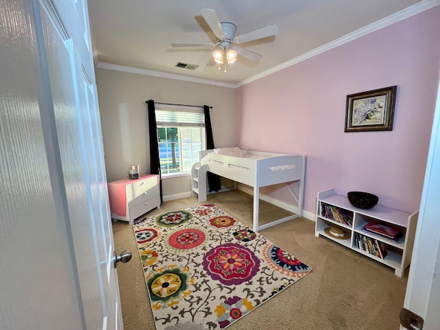 2604 W Taylor, Visalia, CA 93291 - bedroom featuring carpet flooring, crown molding, baseboards, and ceiling fan