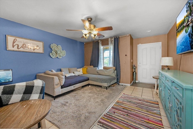 1601 El Paso, Dinuba, CA 93618 - living area featuring light tile patterned flooring and ceiling fan