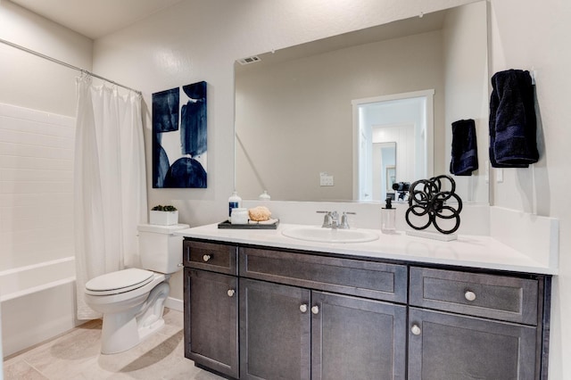 1173 Maclure Ave W, Madera, CA 93636 - full bathroom with toilet, vanity, tile patterned flooring, and shower / bath combo with shower curtain