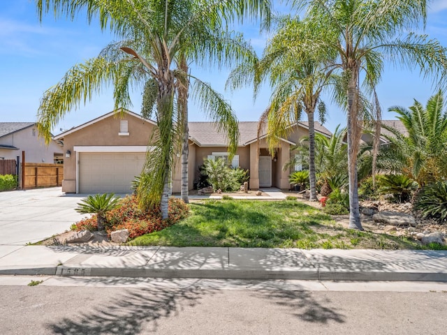 1585 Dallas St, Dinuba, CA 93618 - view of front of house featuring stucco siding, an attached garage, fence, and driveway