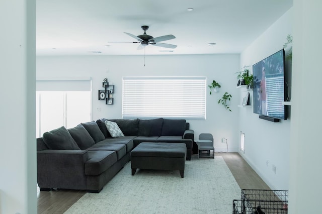 324 Sunset Dr S, Madera, CA 93636 - living room featuring wood finished floors, ceiling fan, and healthy amount of natural light