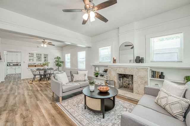 1010 N Ferger Ave, Fresno, CA 93728 - living room featuring light wood-style flooring, ceiling fan, and a premium fireplace