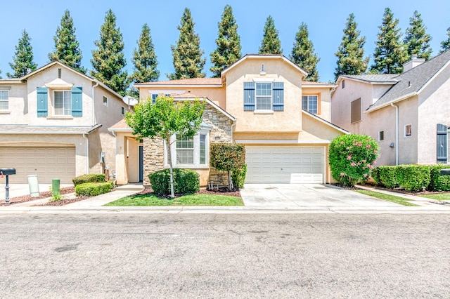 83 W Bohemia Ln, Clovis, CA 93619 - traditional-style house with stucco siding, an attached garage, concrete driveway, and stone siding
