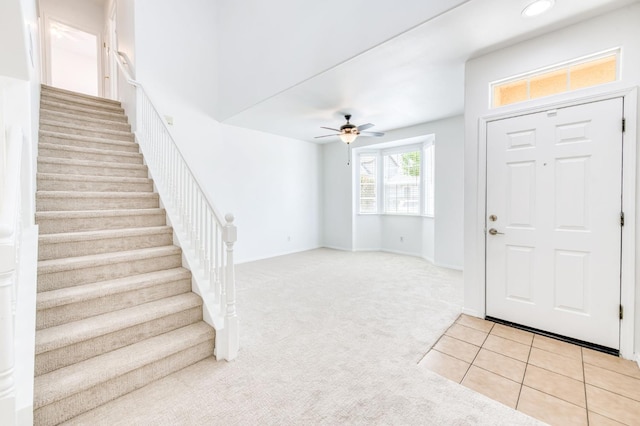 83 W Bohemia Ln, Clovis, CA 93619 - entryway with stairway, light carpet, ceiling fan, light tile patterned floors, and recessed lighting