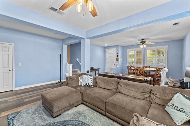 993 Pinewood Ave, Sanger, CA 93657 - living room with ceiling fan, wood finished floors, and baseboards