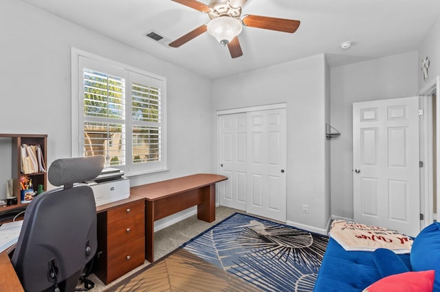 993 Pinewood Ave, Sanger, CA 93657 - carpeted office space featuring ceiling fan and baseboards