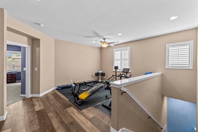 993 Pinewood Ave, Sanger, CA 93657 - workout area featuring recessed lighting, wood finished floors, a ceiling fan, and baseboards