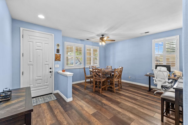 993 Pinewood Ave, Sanger, CA 93657 - dining space featuring baseboards, dark wood-type flooring, a ceiling fan, plenty of natural light, and recessed lighting