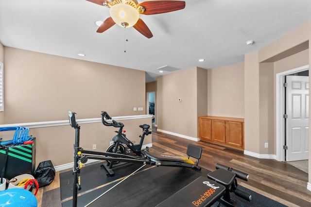 993 Pinewood Ave, Sanger, CA 93657 - workout area with a ceiling fan, dark wood-style floors, baseboards, and recessed lighting