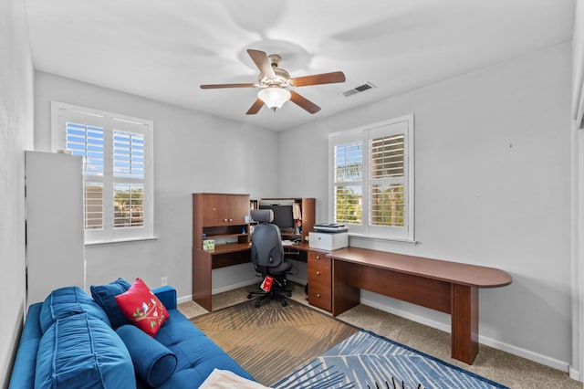 993 Pinewood Ave, Sanger, CA 93657 - office area with baseboards, a ceiling fan, and carpet flooring