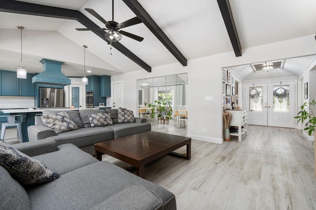 6608 N Haslam Ave, Fresno, CA 93711 - living area with a ceiling fan, french doors, light wood finished floors, baseboards, and a chandelier