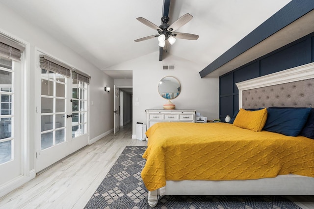 6608 N Haslam Ave, Fresno, CA 93711 - bedroom featuring light wood-type flooring, baseboards, ceiling fan, radiator, and french doors