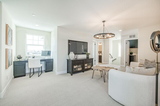 1165 Maclure Ave W, Madera, CA 93636 - living area featuring a desk, light colored carpet, a chandelier, baseboards, and recessed lighting