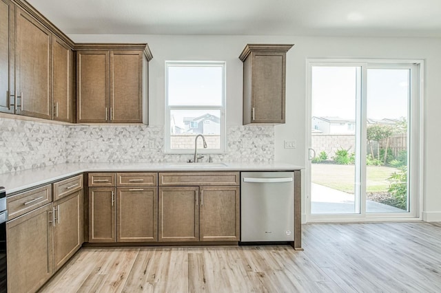 1175 Maclure Ave W, Madera, CA 93636 - kitchen featuring stainless steel dishwasher, a sink, light wood-style flooring, and tasteful backsplash