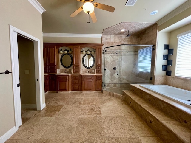 16052 W Middleton Ave, Kerman, CA 93630 - bathroom with a bath, ornamental molding, double vanity, a stall shower, and a ceiling fan