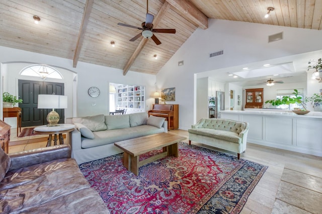 living area with a ceiling fan, wood ceiling with exposed beams, high vaulted ceiling, light wood-style flooring, and healthy amount of natural light