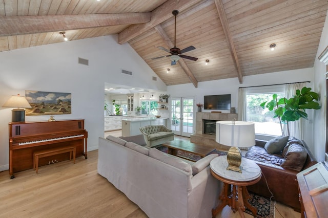 living area featuring a tile fireplace, wood ceiling with exposed beams, a ceiling fan, light wood-type flooring, and high vaulted ceiling