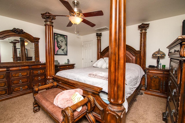 45704 Butternut Ln, Yokuts Valley, CA 93675 - bedroom featuring carpet, decorative columns, and a ceiling fan