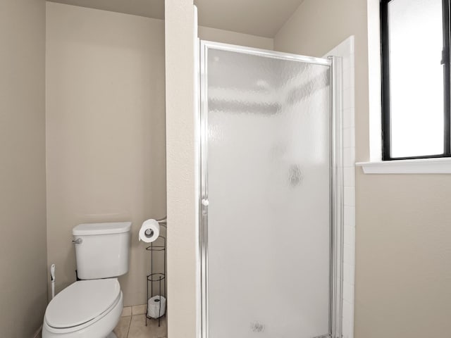 12502 Rd 37 Unit 1/2, Madera, CA 93636 - bathroom with a shower stall, toilet, and tile patterned flooring