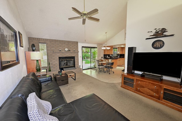 6340 N Gilroy Ave, Fresno, CA 93722 - living room featuring ceiling fan, a brick fireplace, a chandelier, and high vaulted ceiling