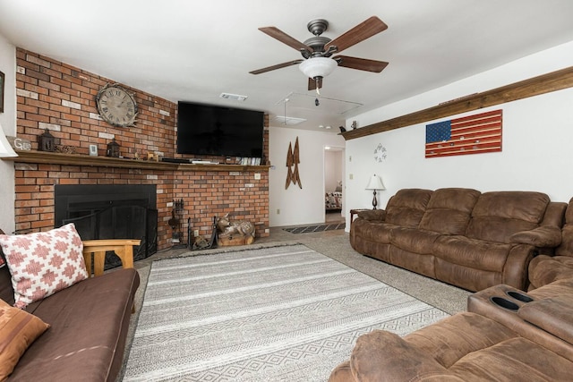 56981 Sequoia Dr, Springville, CA 93265 - living area featuring ceiling fan, attic access, and a fireplace