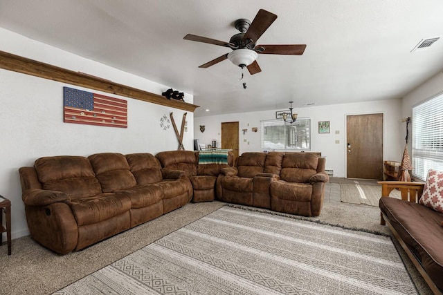 56981 Sequoia Dr, Springville, CA 93265 - living room featuring carpet flooring and ceiling fan