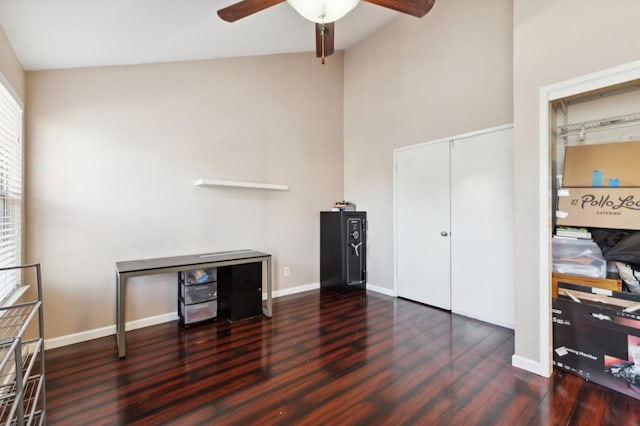 3591 W Harvard Ave, Fresno, CA 93722 - unfurnished office with ceiling fan, wood finished floors, high vaulted ceiling, and baseboards