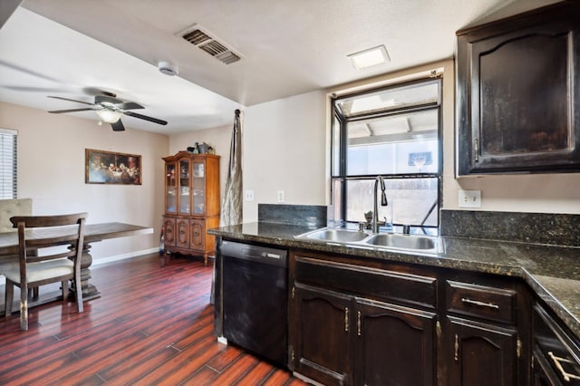 3591 W Harvard Ave, Fresno, CA 93722 - kitchen featuring black dishwasher, a sink, dark wood-type flooring, a ceiling fan, and baseboards