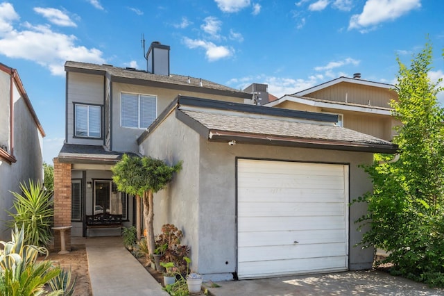 3591 W Harvard Ave, Fresno, CA 93722 - view of property with an attached garage, stucco siding, a shingled roof, and a chimney