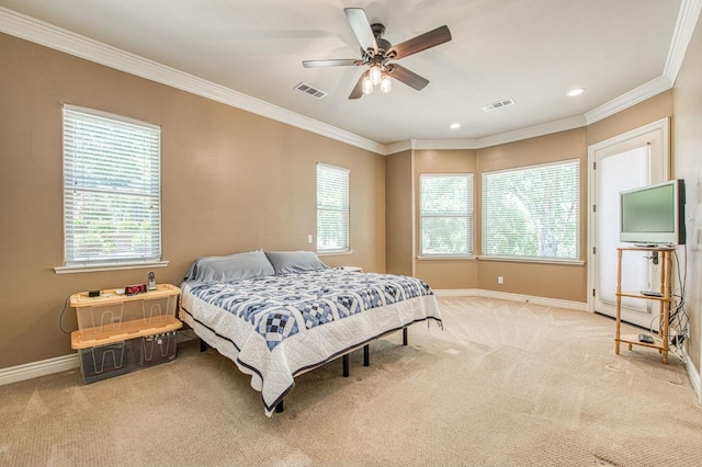 47307 Sunshine Terrace Dr, Coarsegold, CA 93614 - bedroom with baseboards, ornamental molding, light colored carpet, a ceiling fan, and recessed lighting