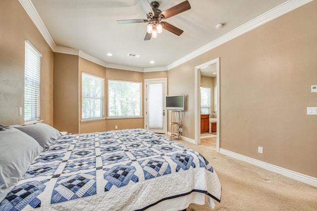 47307 Sunshine Terrace Dr, Coarsegold, CA 93614 - bedroom featuring light carpet, baseboards, crown molding, recessed lighting, and a ceiling fan