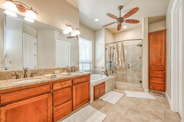 47307 Sunshine Terrace Dr, Coarsegold, CA 93614 - bathroom featuring a garden tub, a ceiling fan, a stall shower, double vanity, and recessed lighting