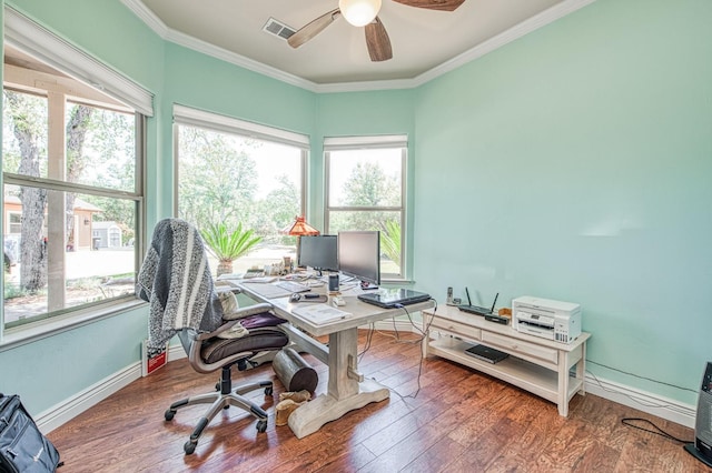 47307 Sunshine Terrace Dr, Coarsegold, CA 93614 - office area featuring healthy amount of natural light, ceiling fan, crown molding, and wood finished floors