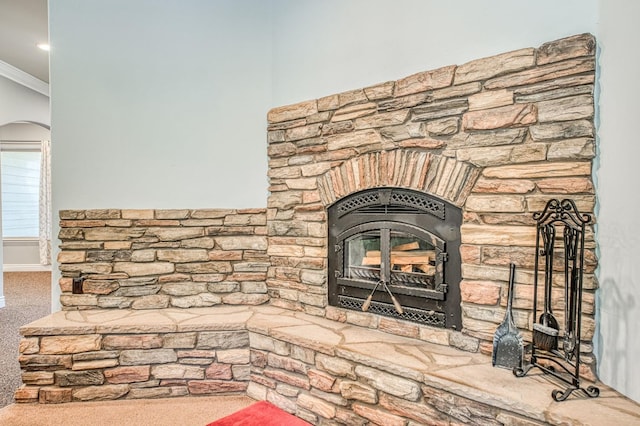 47307 Sunshine Terrace Dr, Coarsegold, CA 93614 - detailed view of carpet floors, arched walkways, crown molding, and a stone fireplace
