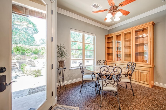 47307 Sunshine Terrace Dr, Coarsegold, CA 93614 - carpeted dining space with baseboards, a ceiling fan, and crown molding