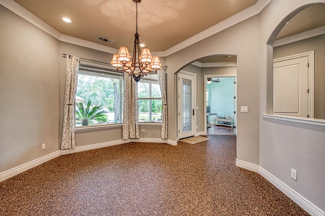 47307 Sunshine Terrace Dr, Coarsegold, CA 93614 - unfurnished dining area with arched walkways, baseboards, a chandelier, ornamental molding, and a ceiling fan