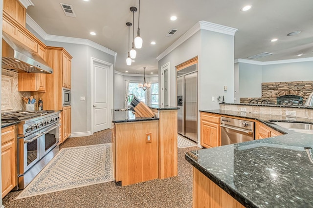47307 Sunshine Terrace Dr, Coarsegold, CA 93614 - kitchen featuring built in appliances, a center island, crown molding, wall chimney exhaust hood, and a sink