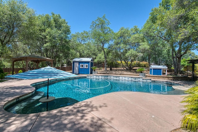 47307 Sunshine Terrace Dr, Coarsegold, CA 93614 - outdoor pool with a fenced backyard, a gazebo, a patio area, and view of wooded area