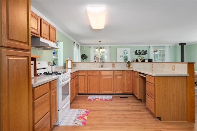 34133 Keller Rd, North Fork, CA 93643 - kitchen with gas range gas stove, under cabinet range hood, light wood-style flooring, healthy amount of natural light, and ornamental molding