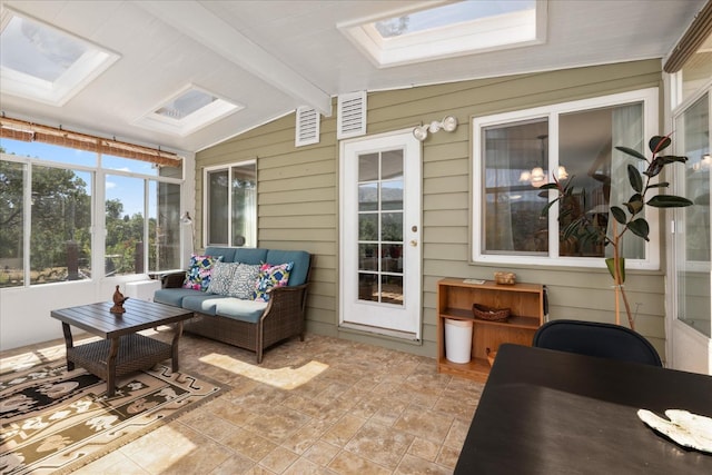 34133 Keller Rd, North Fork, CA 93643 - sunroom / solarium featuring a skylight, an outdoor living space, and wood walls