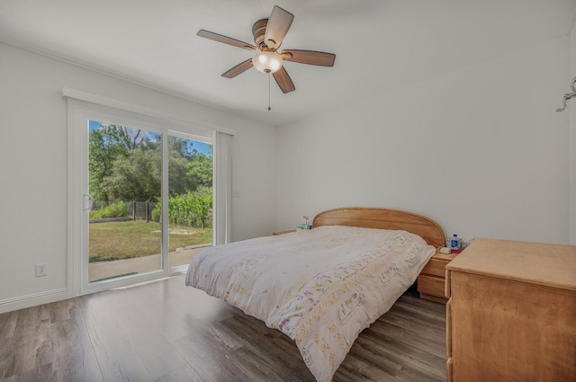 44719 Savage Rd, Coarsegold, CA 93614 - bedroom with access to outside, wood finished floors, baseboards, and a ceiling fan