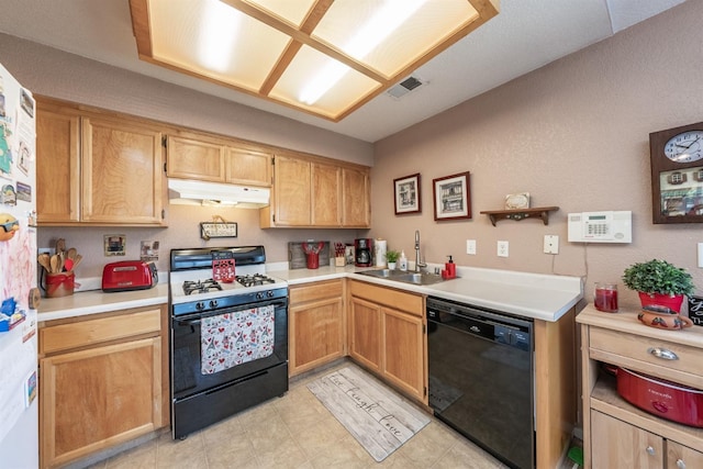1238 La Jolla Way, Madera, CA 93638 - kitchen with gas stove, dishwasher, under cabinet range hood, a sink, and light countertops