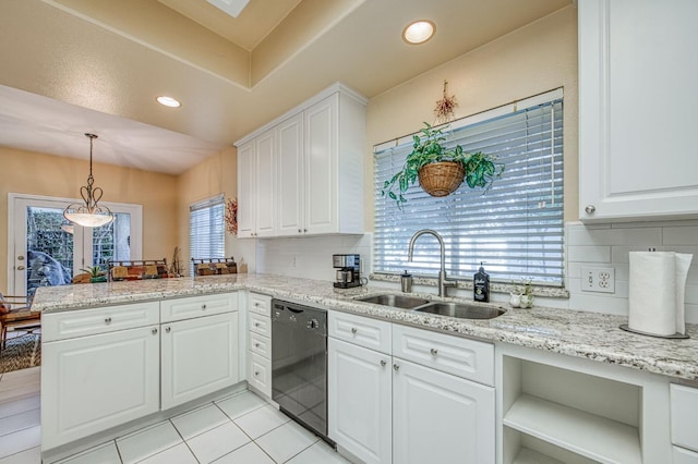 2895 W Kensington Ln, Fresno, CA 93711 - kitchen featuring a sink, dishwasher, a peninsula, decorative backsplash, and white cabinets