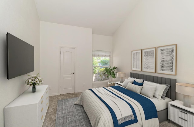 7178 N Fruit Ave Unit 115, Fresno, CA 93711 - bedroom with light colored carpet, high vaulted ceiling, and baseboards